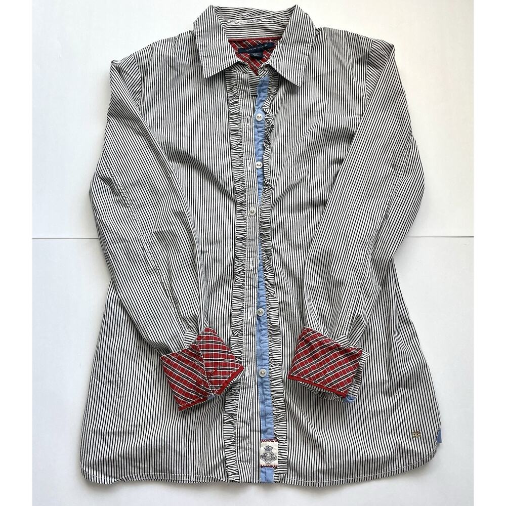 tommy hilfiger striped button up ❤️ preppy Fitted With Red Cuff Detail + Ruffles